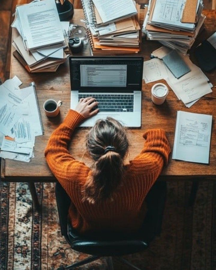 A person working at a wooden desk with a laptop, surrounded by stacks of papers