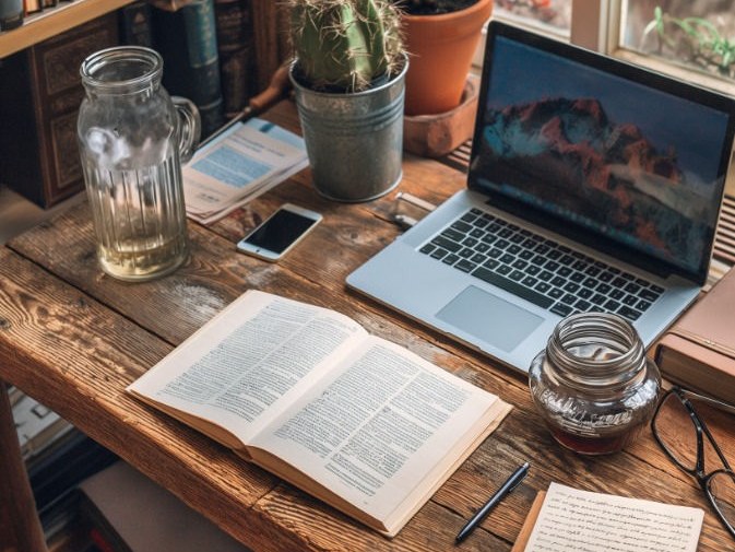 A wooden desk with an open book, a notebook, a laptop and plants beside a bright window